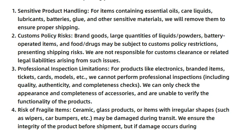 iTaoBuy Disclaimer for Purchasing Special Items: sensitive product handling, customs policy risks naming food, professional inspection limits