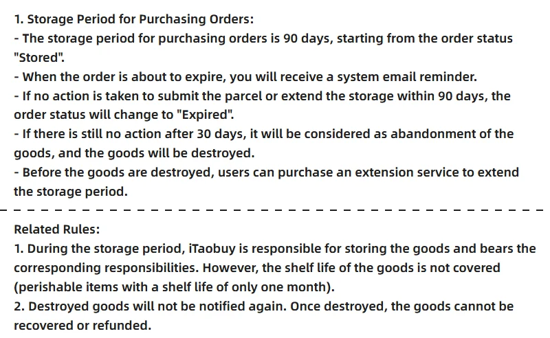 iTaoBuy Warehouse Storage Period help page, two extracts: 90-day storage from Stored, Expired, destruction after 30 more days; and Related Rules with the shelf-life exclusion
