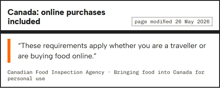Quote card: CFIA says its requirements apply to travellers and to food bought online