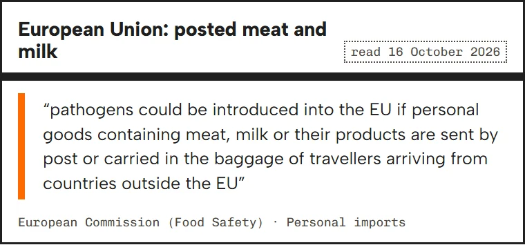 Quote card: the European Commission names personal goods with meat or milk sent by post as a disease risk