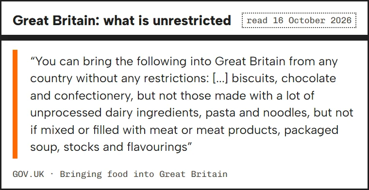 Quote card: GOV.UK lists biscuits, confectionery, noodles without meat and packaged soups as unrestricted